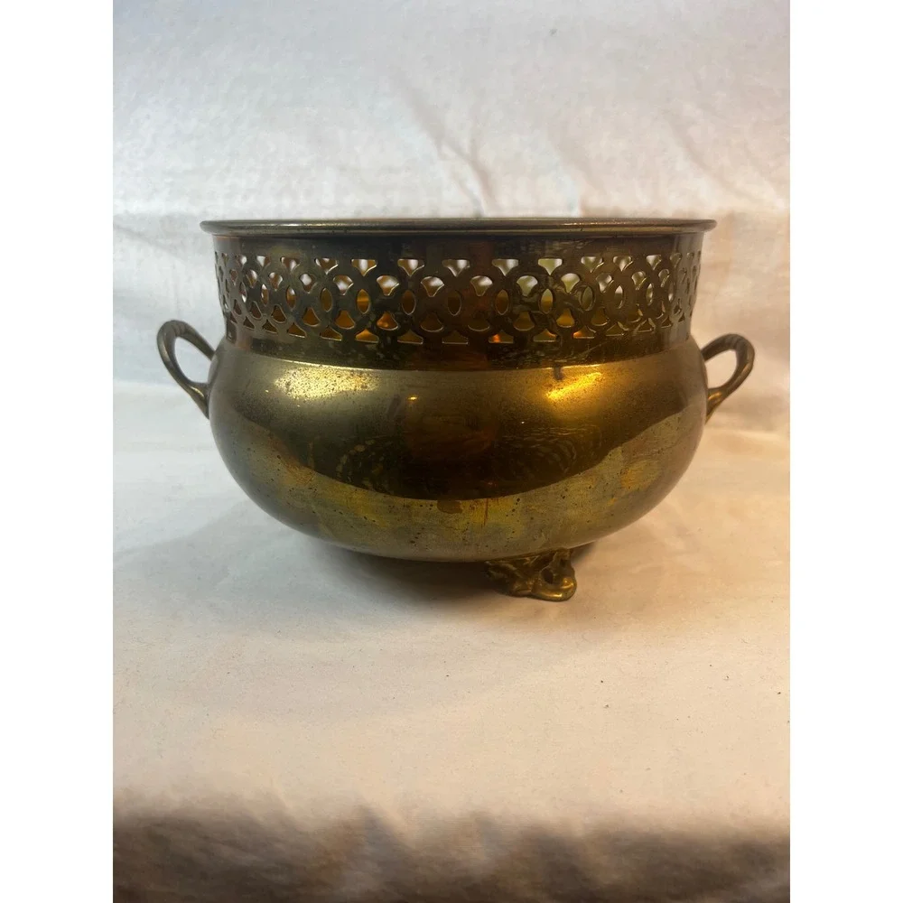 Vintage Brass Footed Planter‎ Reticulated Rim Lion Paw Feet Cachepot Bowl 7.5in